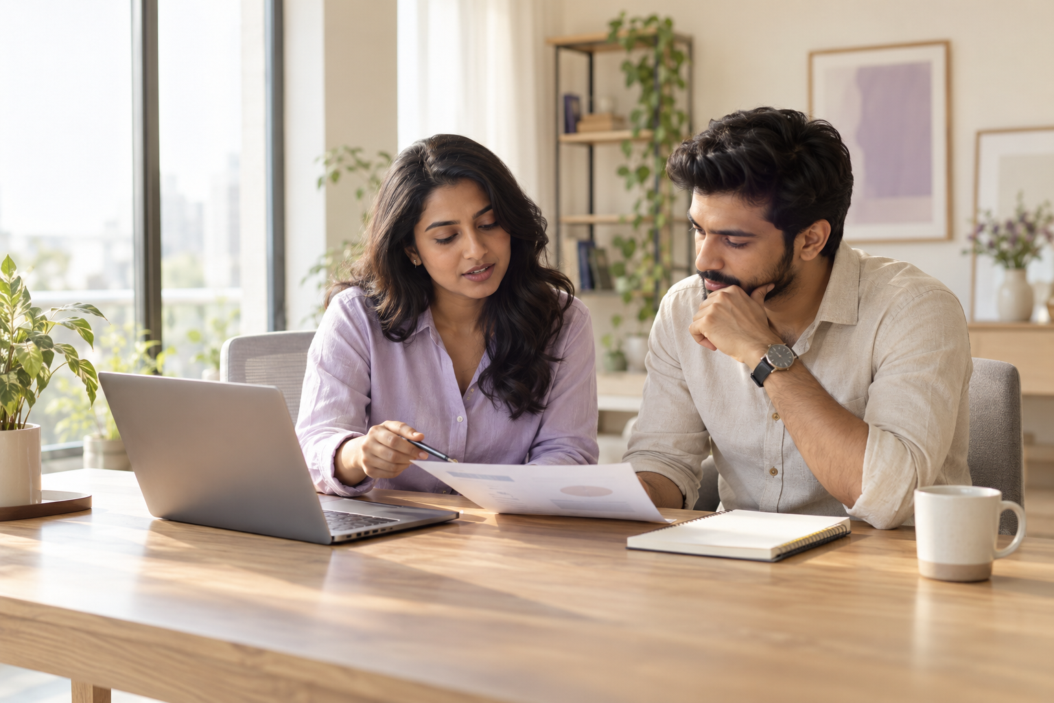 Illustrative business collaboration scene with two professionals reviewing work