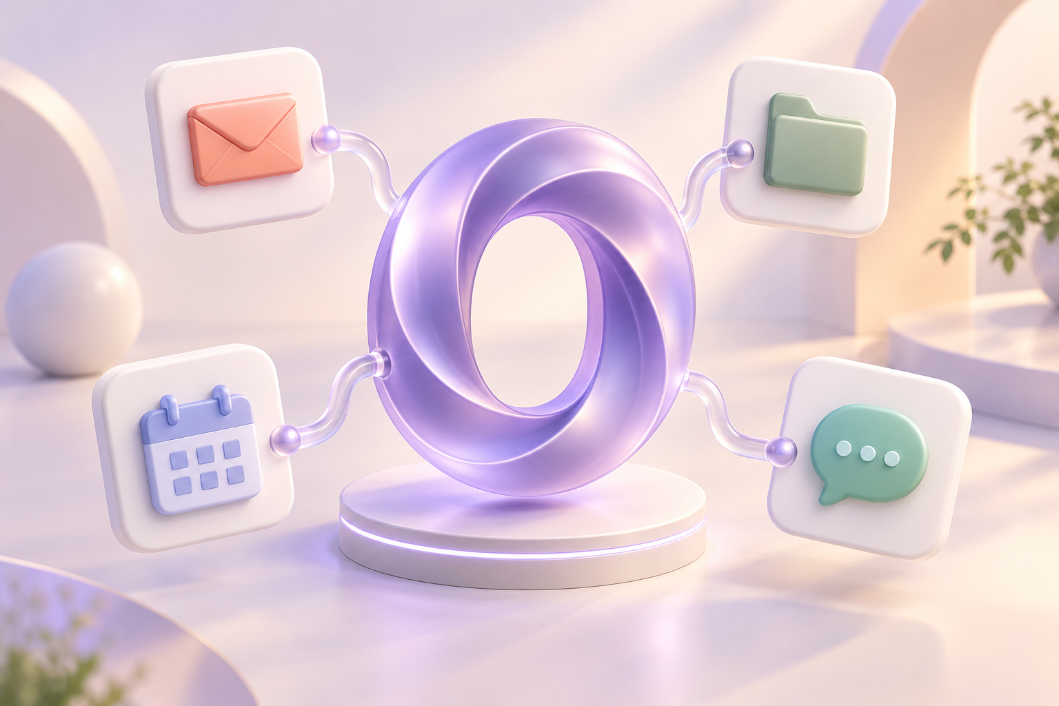 Illustration of an AI hub connecting email, files, calendar and business messaging